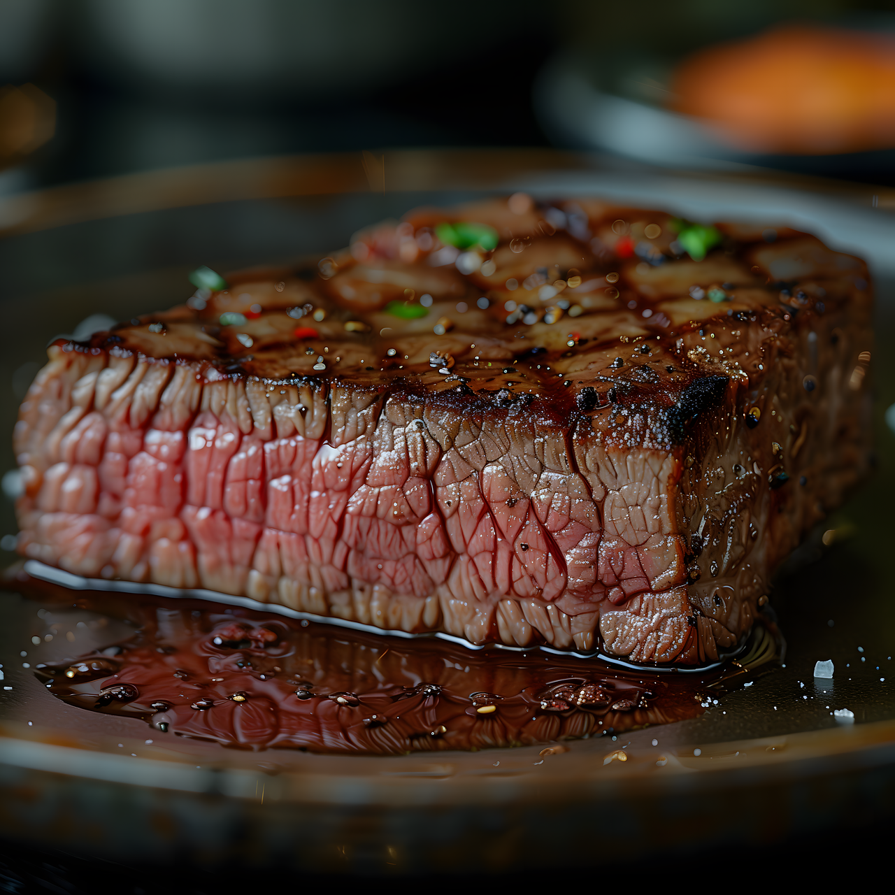 A seasoned steak on a cooking pan.