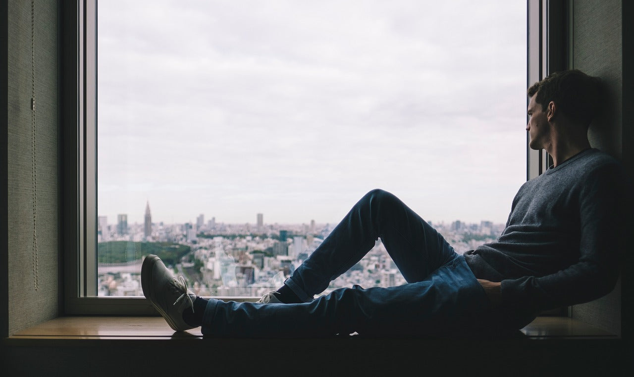 A man stares out of a window at a city in the distance.