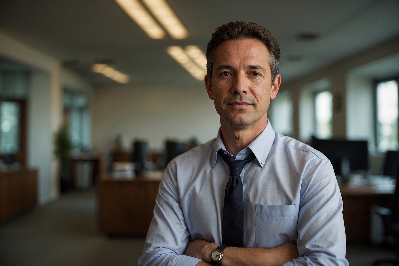 A man with arms crossed stands in an office.